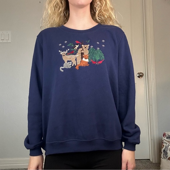 Women’s Rebecca Malone Petite Navy Woodland Creatures Sweatshirt Size Petite Lg - Picture 3 of 8